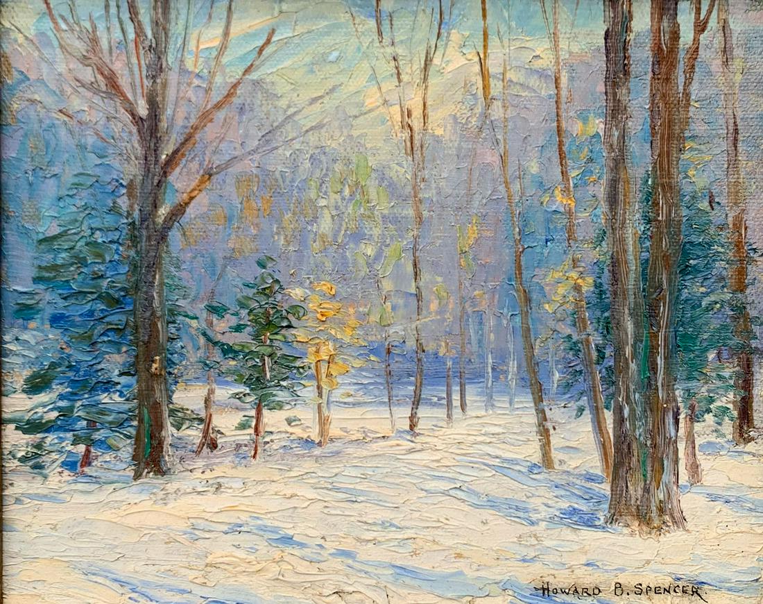 EXHIBITED HOWARD SPENCER WINTER PAINTING: SPENCER, Howard, (American, 1888-1967): Winter Forest Landscape, Oil/Canvasboard, 8'' x 10'', signed lower right, carved and gilded Impressionist frame, probably Newcomb-Macklin, 11.25'' x 13''. Stets