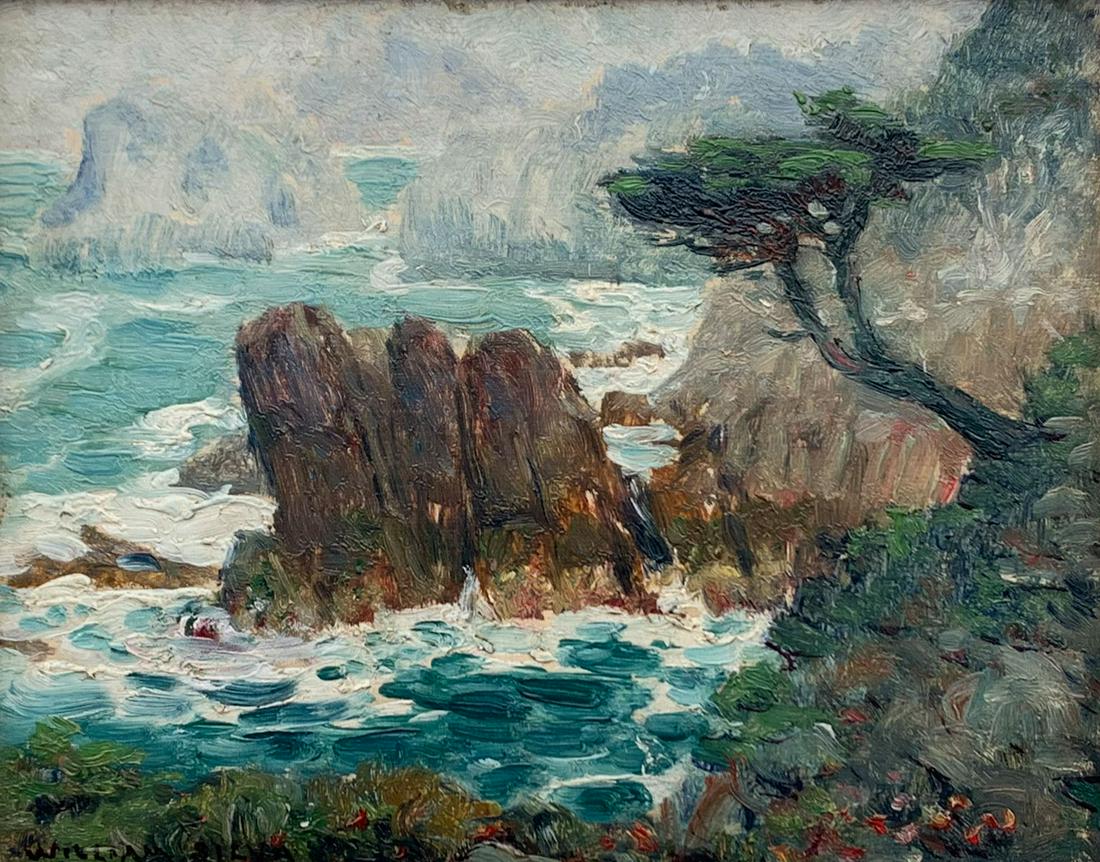 WILLIAM POSEY SILVA CALIFORNIA COASTAL PAINTING: SILVA, William Posey, (American, 1859-1948): California Coastal Scene with Cypress Trees, Oil/Board, 8.25'' x 10.5'', signed lower left, fine contemporary frame, 15.25'' x 17.25''. Considered America�