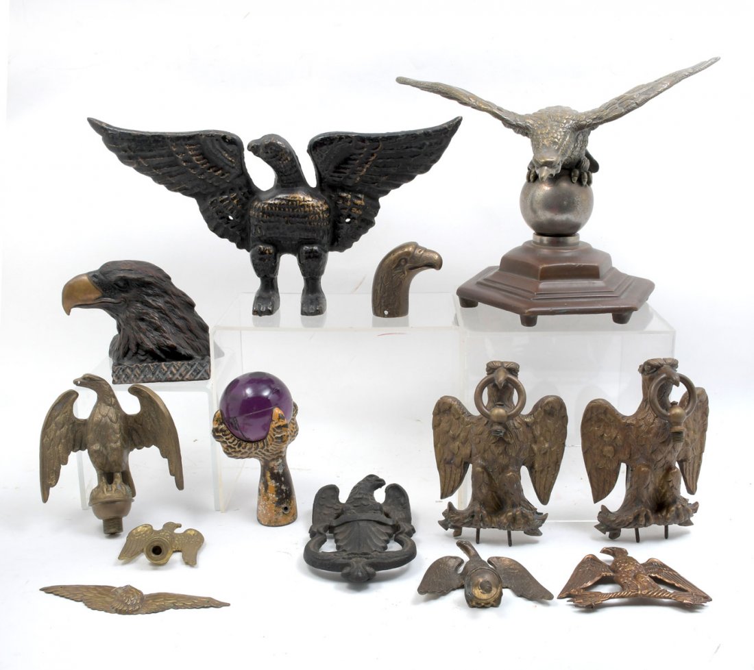 METAL AMERICAN EAGLE COLLECTION: METAL AMERICAN EAGLE COLLECTION: Including; Light fixtures, cane topper, flag toppers, door knocker, and more. Largest Approx. 10" h x 13.25" l x 8.5" w.