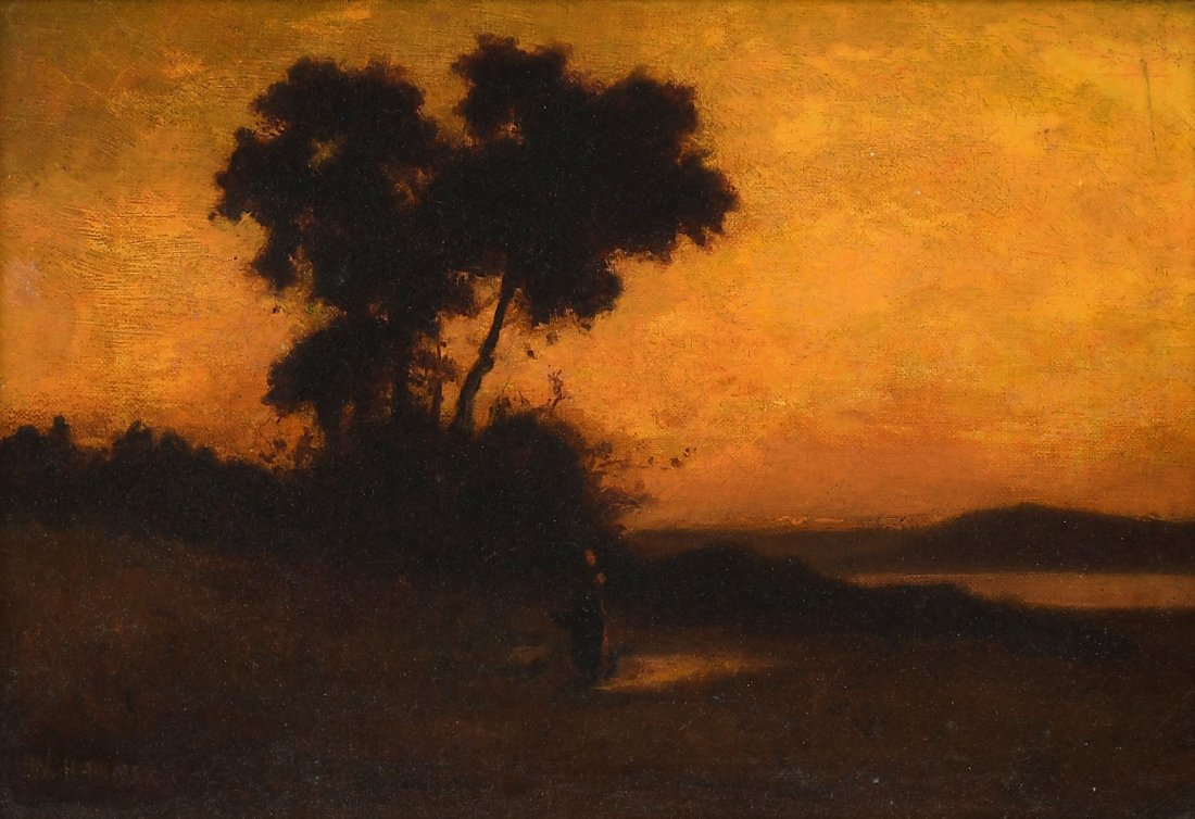 ROMANTIC BARBIZON STYLE PAINTING SUNSET LANDSCAPE: ROMANTIC BARBIZON STYLE PAINTING SUNSET LANDSCAPE SIGNED W. HAMMER: Oil/Canvas, 10" x 14", signed lower left, framed, 17.25" x 21.5".