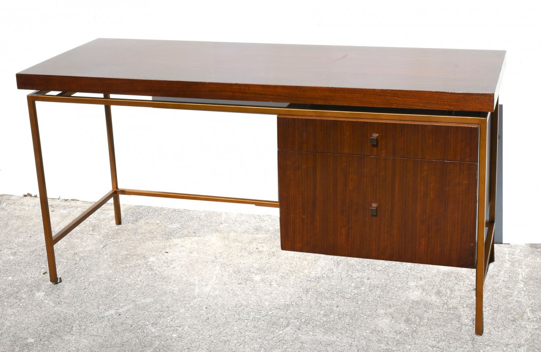 MODERN MITCHELL GOLD & BOB WILLIAMS DESK: MODERN MITCHELL GOLD & BOB WILLIAMS DESK: 2- Drawer desk with a red lacquered interior. Tag resides at top drawer interior. Approx. 29.5" h x 58" l x 22" w.