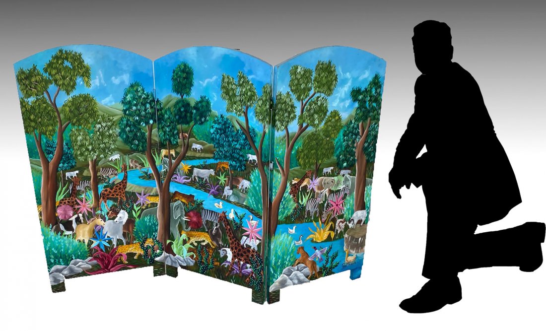 HAITIAN 3 PANEL DOUBLE SIDED SCREEN SIGNED PAUL THANIS: HAITIAN 3 PANEL DOUBLE SIDED SCREEN SIGNED PAUL THANIS: A colorful 3 panel Haitian screen done in the Jungle Style that this artist is so famous for; Oil/Board, each panel is 38" x 18". With the help 