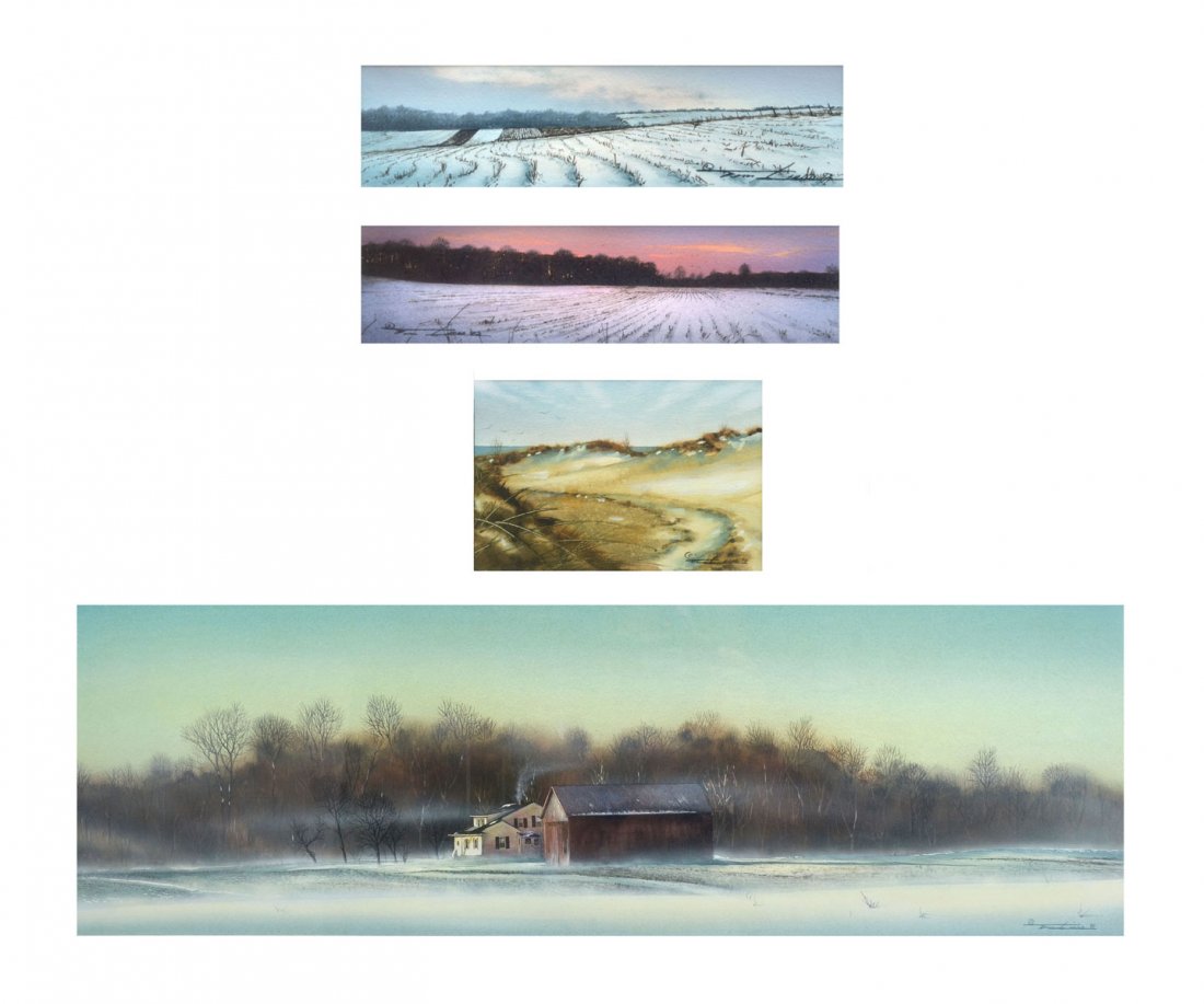 4 TIM LIESS WATERCOLOR PAINTINGS: 4 TIM LIESS WATERCOLOR PAINTINGS: LIESS, TIM, (American, 20th Century): 1) "Seeing the Bright Side", Winter Landscape with Barn and Farmhouse, Watercolor, sight size 7.75" x 24", signed lower right, f