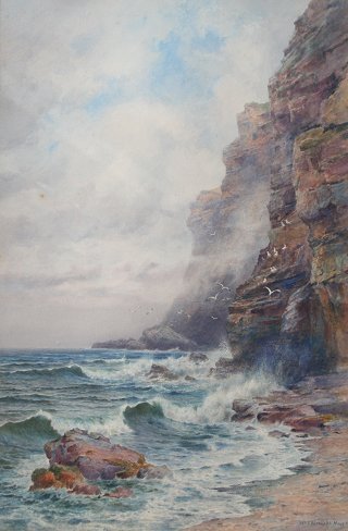 W.T. RICHARDS CORNISH COAST PAINTING: RICHARDS, William Trost, (American, 1833-1905): Cornish Coastal Cliffs, Watercolor/Gouache on Board, 29" x 19", signed and dated May 1900, contemporary gold framing, 37" x 27".