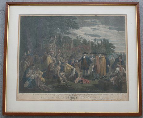 ENGRAVING WM PENN TREATY WITH INDIANS AFTER WEST: "WILLIAM PENN'S TREATY WITH THE INDIANS": Engraving by John Hall after a painting by Benjamin West, sight size 18 1/2" x 24", encased in a wood frame, 24 1/2" x 30".
