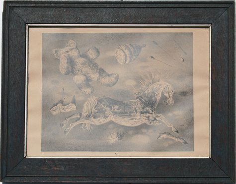 AARON BOHROD SURREAL LITHOGRAPH: BOHROD, Aaron, (American, 1907-1992): Surreal Lithograph with Carousel horse, teddy bear and other toys, sight size 11" x 15", pencil signed lower right, encased in quarter sawn oak frame with minor w