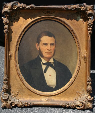 19TH C. PORTRAIT IN PERIOD FRAME: FINE 19TH CENTURY AMERICAN SCHOOL PORTRAIT OF A GENTLEMAN: OIL/Canvas mounted Board, board measures 23" x 19 1/2", oval image 22 1/2" x 18 3/4", frame with wear and repair, missing gesso, 32" x 29".