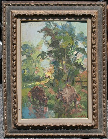 N. NGUYEN VIETNAMESE PAINTING: NGUYEN, N. (Vietnamese, 20th C.): Vietnamese Landscape with natives and water buffalo, OIL/Masonite, 23 1/2" x 16", signed, encased in gilded and carved frame with wear, 32" x 25".