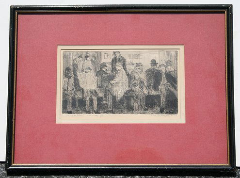 TOM OCKERSE BUS STATION ETCHING: OCKERSE, Tom, (American, 20th c): "Bus Station", Etching, sight size 10 1/2" x 7 3/4", pencil signed and dated lower right 4/63, numbered 2/15, encased in black frame, 11" x 14 3/4".