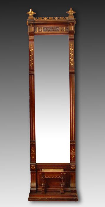 RENAISSANCE REVIVAL VICTORIAN 8 FT PIER MIRROR: RENAISSANCE REVIVAL VICTORIAN OVER 8 FT TALL WALNUT PIER MIRROR: Recessed and incised line carvings accentuated by a gilt finish. Note there is no marble for the shelf. Approx. 105" tall x 28" wide x 