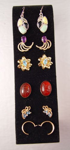 14K EARRINGS 4 PAIRS AND 3 GOLD JACKET PAIRS: 4 EARRING PAIRS AND 3 GOLD JACKET PAIRS- ALL 14K: 1) 14k Carnelian scarabs, 1/2". 2) 14K topaz and diamond earrings. 3) Amethyst stud earrings. 4) Topaz stud earrings 5) Three sets of 14K jackets. Ste