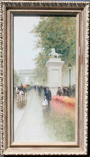 ANDRE GISSON PAINTING PARIS: GISSON, Andre, (American, 1921-2003): Paris Scene with Arc de Triomphe, Oil/Canvas, 24" x 12", signed, framed, 29" x 16 1/2".