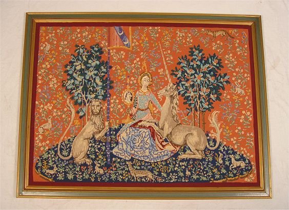 UNICORN AND LADY NEEDLEPOINT: UNICORN AND LADY NEEDLEPOINT: After the famed Unicorn Tapestries. 37" X 48" overall.