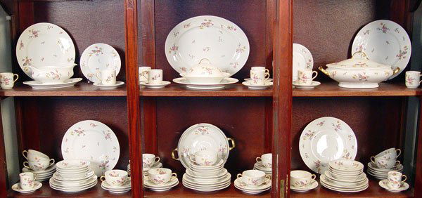 FRENCH LIMOGES CHINA SERVICE: FRENCH LIMOGES CHINA SERVICE: Bernardaud & Co. Approx. 88 pieces to include 5 dinner plates, 10 salad plates, 8 bread plates, 12 dessert bowls, 5 cups, 6 bouillon cups, 21 saucers, 9 demi cups with 7