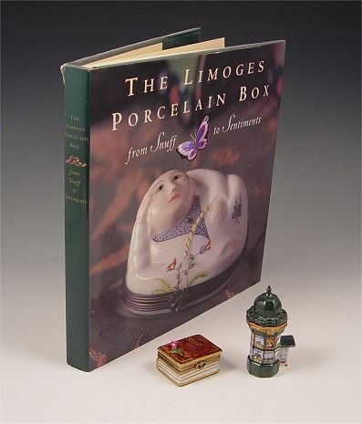 2 LIMOGES BOXES ROCHARD AND THE BOOK : 2 FRENCH LIMOGES PORCELAIN BOXES AND THE BOOK: 1) Porcelain Book of Love with a rose on the cover. 2) Rochard Newspaper Kiosk. Sold with "The Limoges Porcelain Box from Snuff to Sentiment" book, text 