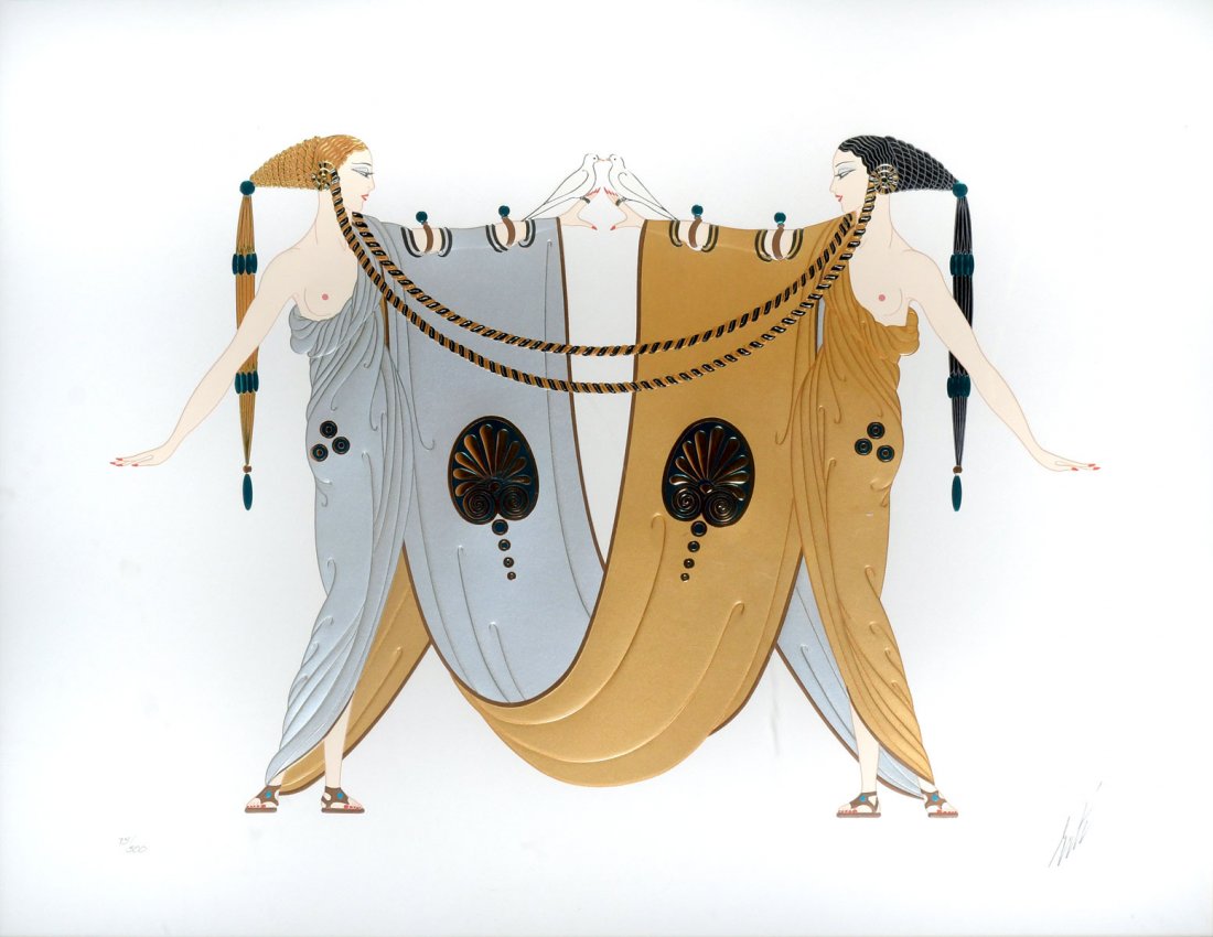 ERTE FOIL STAMPED SERIGRAPH SISTERS: ERTE, (Russian, 1892-1990): ''Sisters'', Foil Stamped Serigraph, sight size 21'' x 26.5'', pencil signed lower right, numbered 73/300, framed, 36.5'' x 41.5''.