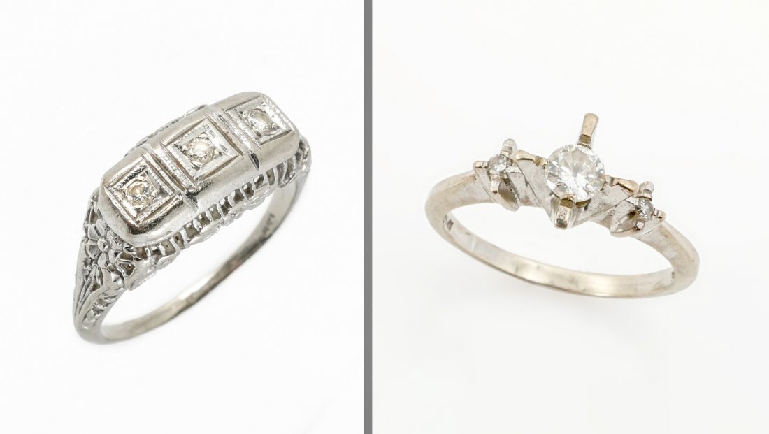 2 14K DIAMOND RINGS: 2 14K DIAMOND RINGS: 1) 14K white gold ring contains 3 round brilliant cut diamonds. WEIGHT: .10 Ct. Approx. Rated SI in clarity and G-H in color. The diamonds are prong set. Weight: 3.4 grams. Size: 