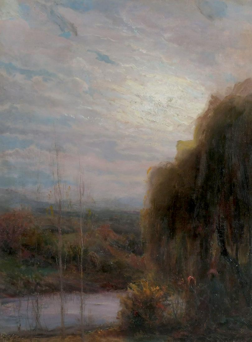 ALFRED0 HELSBY CHILEAN LANDSCAPE PAINTING: HELSBY, Alfredo, (Chile, 1862-1933): Autumnal River Landscape, Oil/Canvas, 24 x 18.25",signed lower right, framed, 32" x 27".
