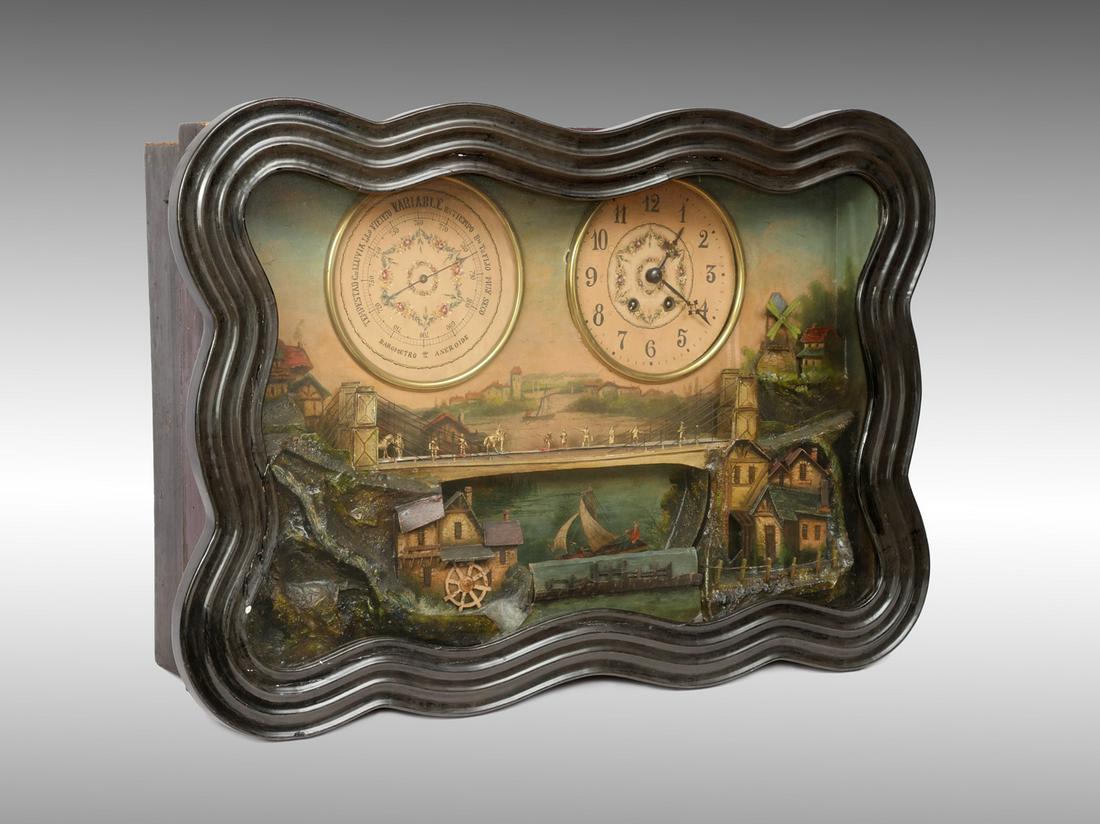 RARE 19TH C. PAINTING DIORAMA WITH AUTOMATON CLOCK: RARE 19TH C. PAINTING DIORAMA WITH AUTOMATON CLOCK: Elaborate 19th century painting, having a clock & barometer above a diorama with moving Windmill, Calvary soldiers & Indians crossing bridge, a rock