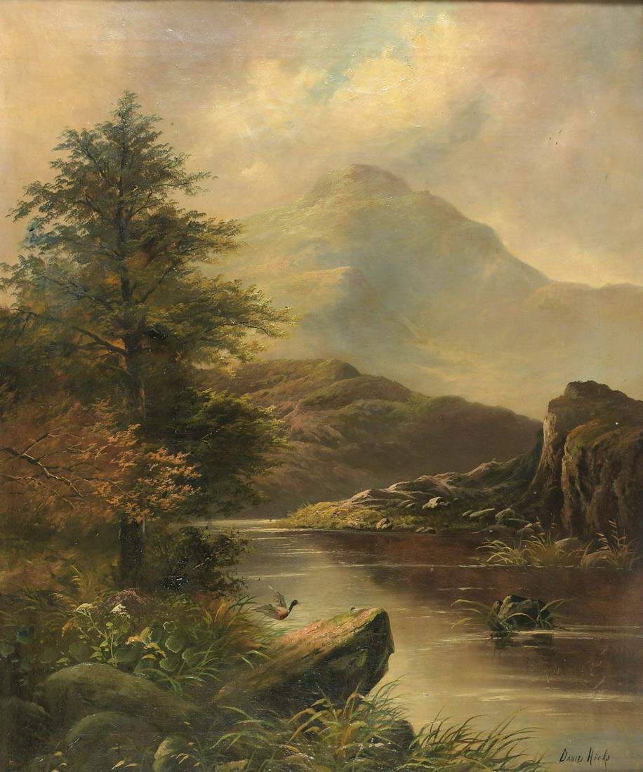 DAVID HICKS SCOTTISH HIGHLAND LOCH PAINTING: HICKS, David, (British, 20th Century): Scottish Highland Loch, Oil/Canvas, 30'' x 25'', signed lower right, pierced carved and gilded frame, 37.5'' x 31.5'', attached label reads The Haunt of the Wild