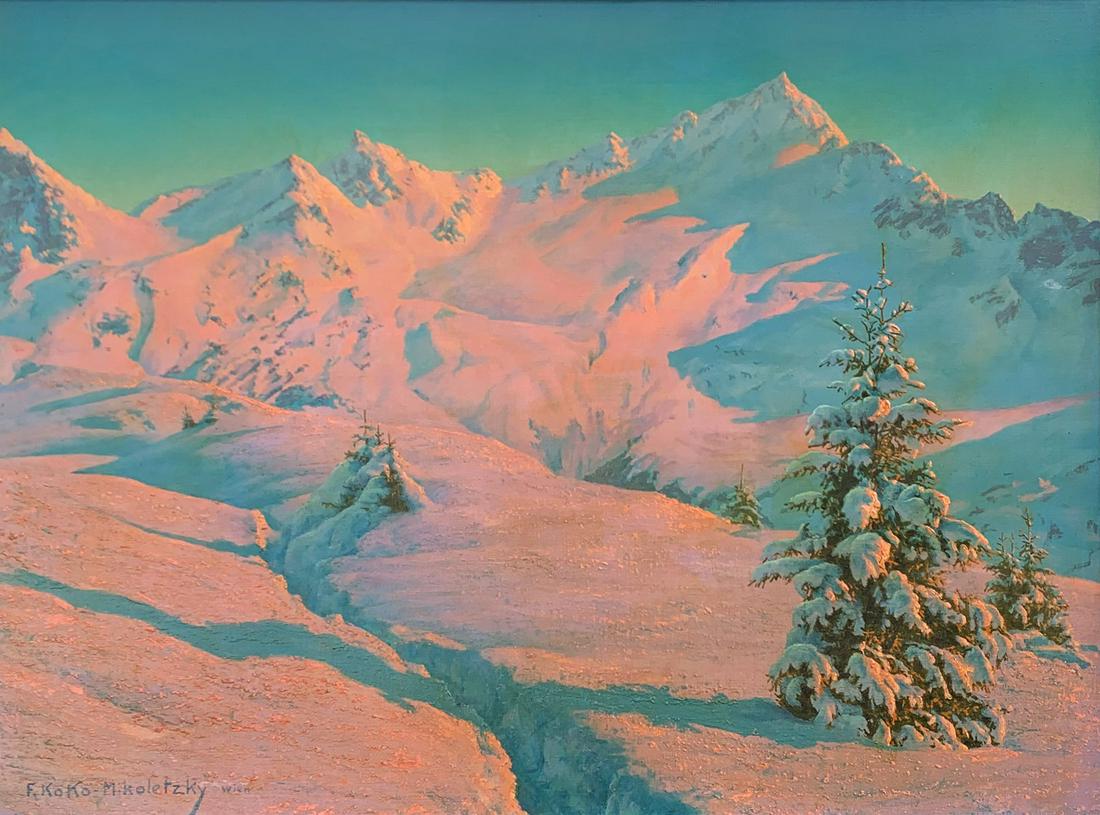 FRIEDRICH KOKO-MICOLETZKY ALPINE SUNSET PAINTING: KOKO-MICOLETZKY, Friedrich, (Austrian, 1887-1981) : Snow Covered Mountains and Pine Trees in a Sunset Glow, Oil/Canvas, 23.75'' x 31.5'', signed lower left, marked Wien, framed, 30.5'' x 38.5''.
