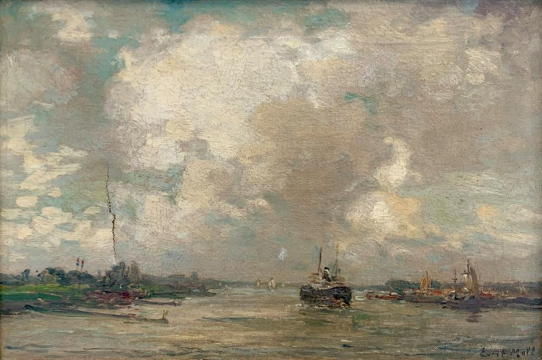 MOLL DUTCH WATERWAY PAINTING: MOLL, Evert, (Dutch, 1878-1955): Dutch Waterway with Ships, titled verso in Dutch, "Gezicht Op De Waterweg", dated 1925, Oil/Canvas, 10" x 14.75", signed lower right, titled, and dated verso, painted 