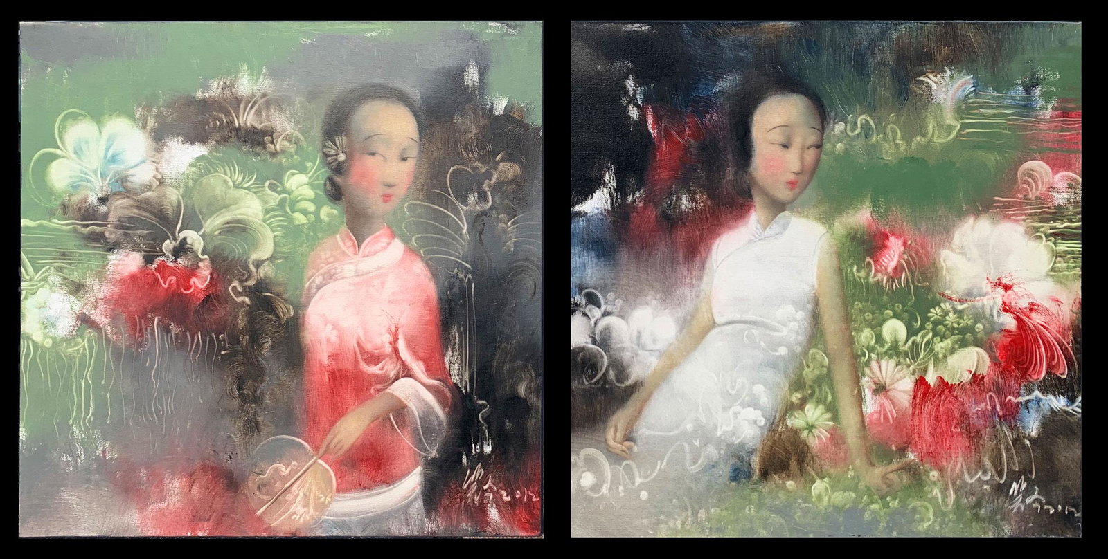 TWO WANG XIAOXING PAINTINGS: XIAOXING, Wang, (Japanese, 20th/21st Century): Two Oil Paintings to Include: 1) A Young Chinese Woman in Red with Fan, Oil/Canvas, 27.5'' x 27.5'', signed lower right, dated 2012, unframed; 2) Young C