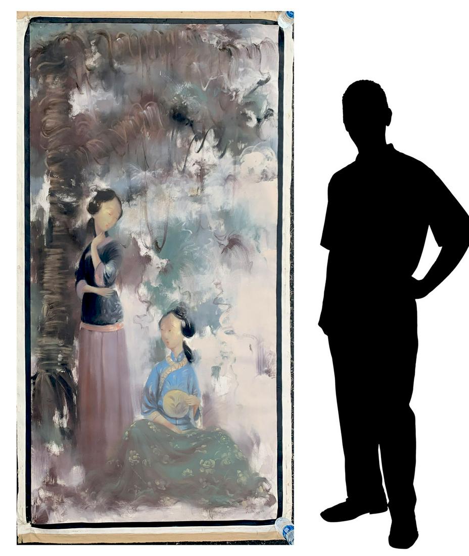 LARGE WANG XIAOXING PAINTING TWO YOUNG GIRLS: XIAOXING, Wang, (Japanese, 20th/21st Century): Two Young Chinese Girls in a Landscape, Oil/Unstretched Canvas, 78" x 39", signed lower right, dated 2006.
