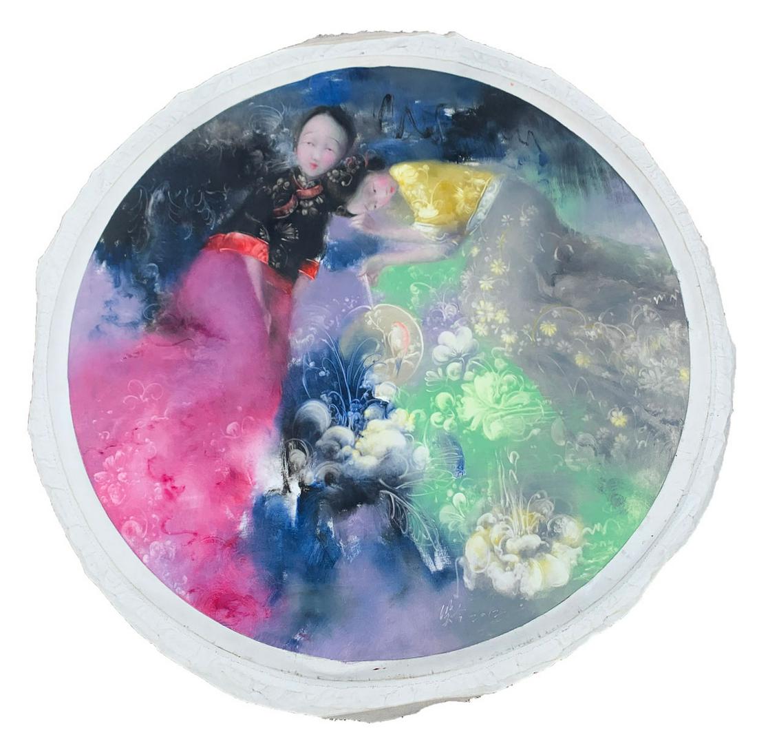 LARGE WANG XIAOXING CHINESE PAINTING: XIAOXING, Wang, (Japanese, 20th/21st Century): Two Young Chinese Girls in a Fantasy Landscape, Oil/Unstretched Canvas in a Circular Format, 58" in diameter, signed lower right, dated 2012.