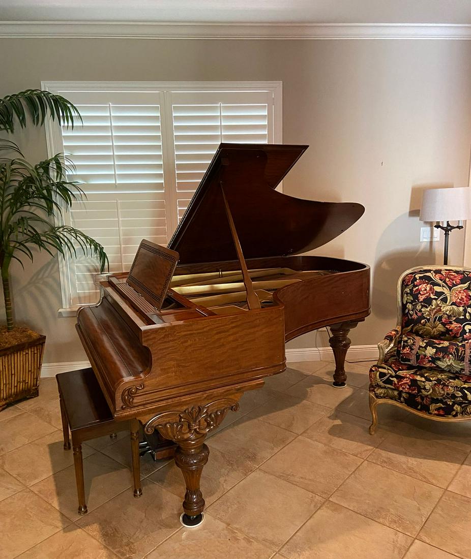 1901 STEIFF SHAW ART CASE GRAND PIANO: 1901 STIEFF SHAW ART CASE GRAND PIANO 6'7'': Formal Mahogany Steiff / Shaw ''Art Case'' Parlor Grand Piano serial number 13675. Reconditioned interior. Approx. 41'' h x 60'' w. Also included is a benc