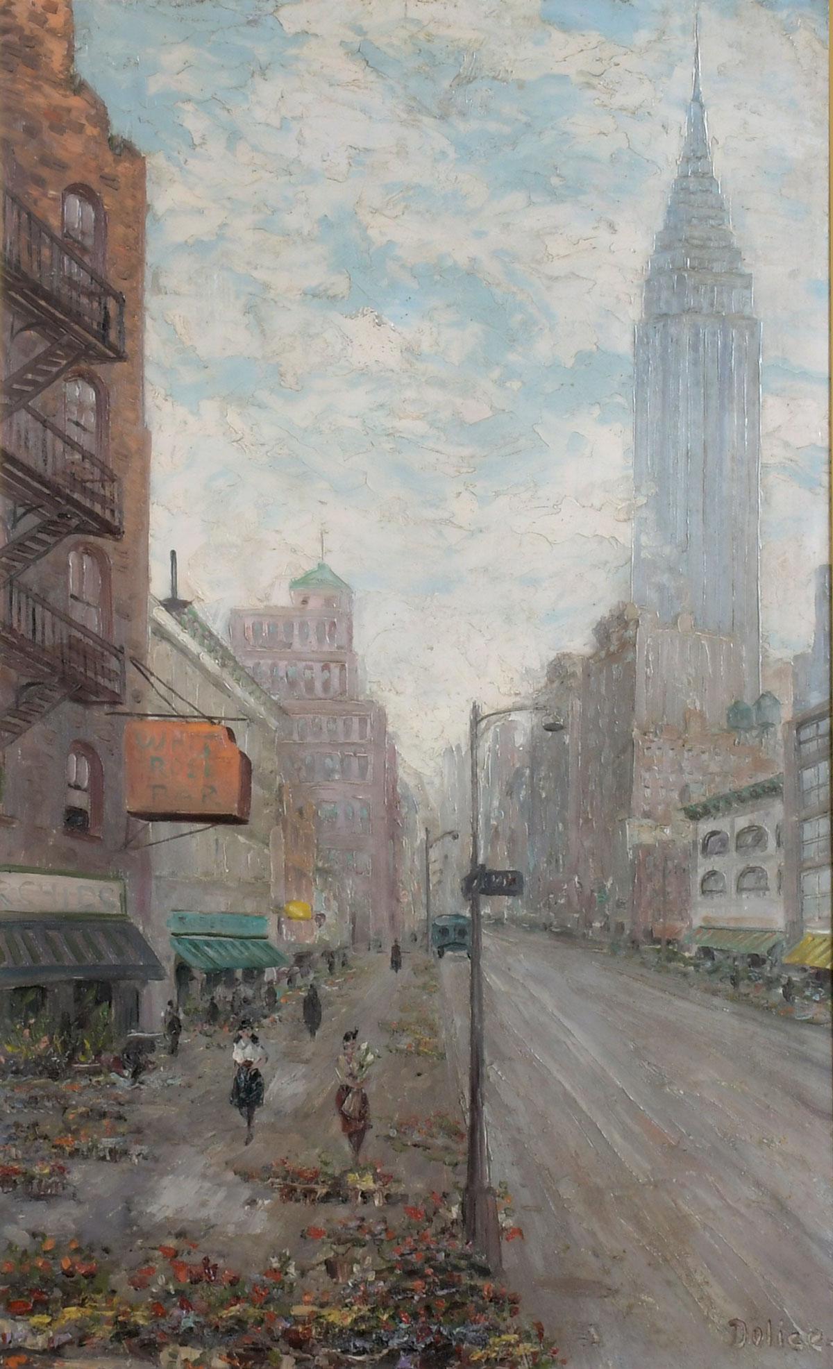 LEON DOLICE PAINTING NYC: DOLICE, Leon, (American, 1892-1960): New York City Street Scene with White Rose Bar, Oil/Masonite, 36'' x 22'', signed lower right, framed, 44'' x 30.25''.