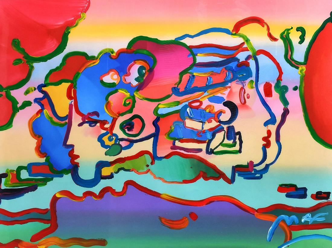 PETER MAX MIXED MEDIA THREE FACES: MAX, Peter, (German, 1937-): ''Three Faces'', Original Hand Painted Acrylic Signed by Peter Max Over Color Lithography, sight size 17.25'' x 23'', signed lower right, framed, 23'' x 29'', appraisal af
