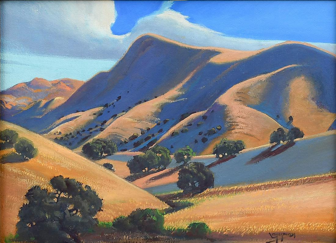 PAUL YOUNGMAN SOUTHWESTERN PAINTING: YOUNGMAN, Paul, (American, 1941): ''Shadows on the Hills'', Oil/Canvas, 9'' x 12'', signed lower right, signed and titled verso, receipt from Lee Youngman Galleries affixed verso, encased in carved an
