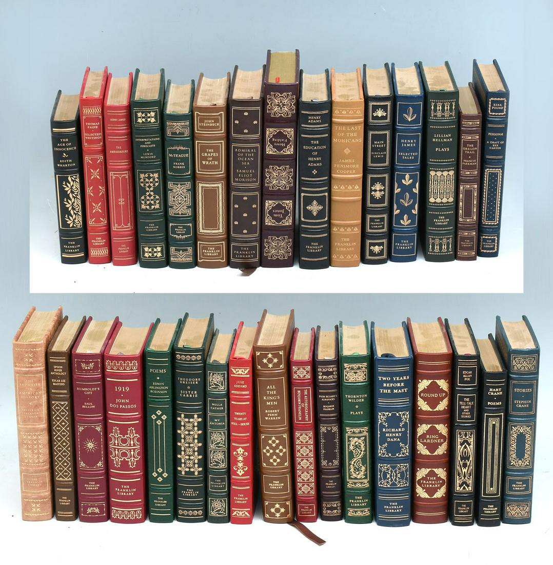 32 PC. FRANKLIN LIBRARY LEATHER BOUND BOOK COLLECT: 32 PC. FRANKLIN LIBRARY LEATHER BOUND BOOK COLLECTION: Including titles such as ''All the King's Men'', ''The Autobiography of Benjamin Franklin'', Edgar Allen Poe, ''The Grapes of Wrath'', The Last o