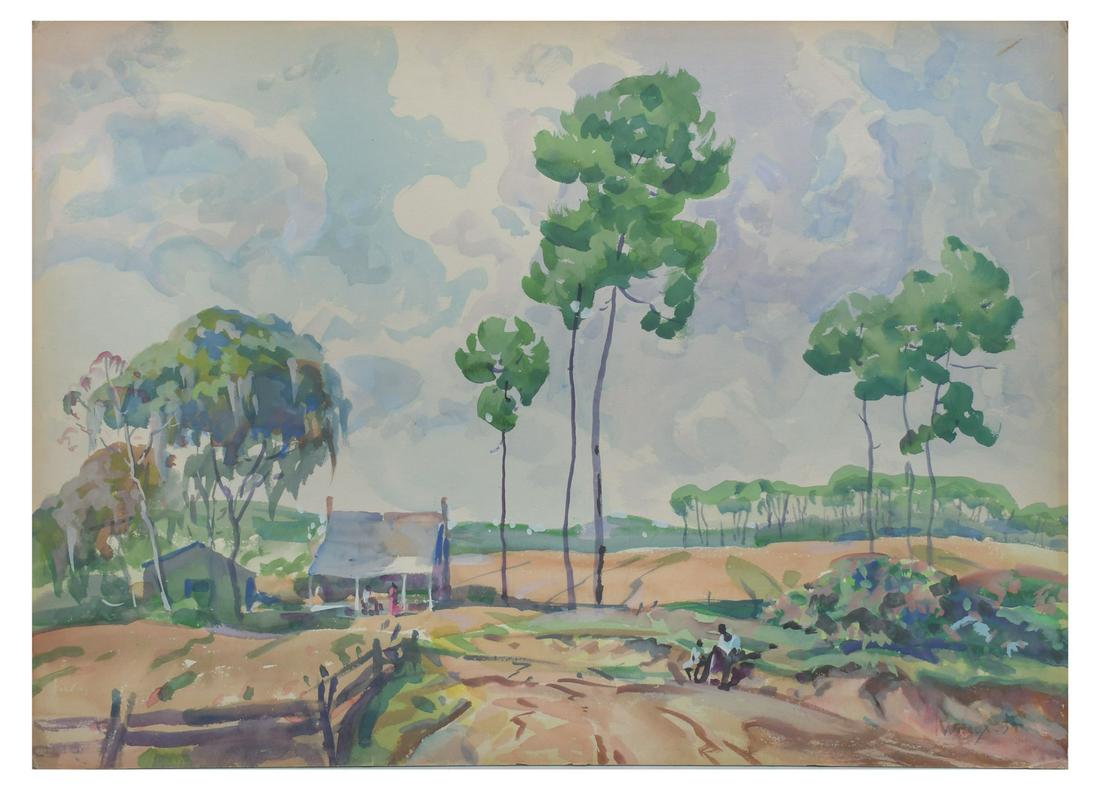 THE RURAL FARM WATERCOLOR ON BOARD WATTMAN BOARD: WILCOX, Frank, (American, 1887-1964): Country Landscape with Fields and Florida Shack African American Folk at Rest, Watercolor, 21.75" x 30", signed lower right, dated '39.