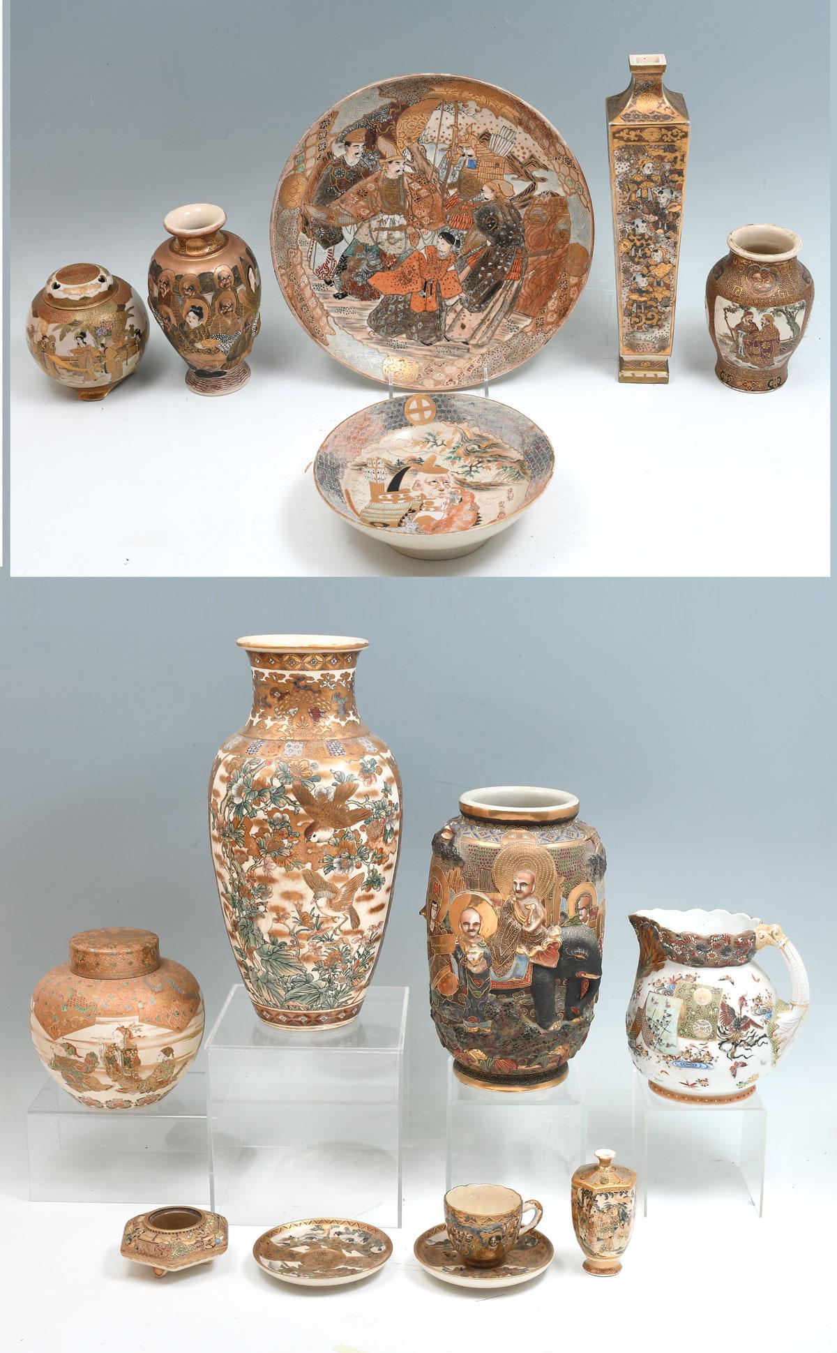 LARGE 15 PC. SATSUMA COLLECTION: LARGE 15 PC. SATSUMA COLLECTION: Mostly 19th century. Comprising; Ginger jar, Incense burner, Cup & Saucers, Pitcher, Bowls, & Vases. Largest Approx. 15.75" h x 8" w.