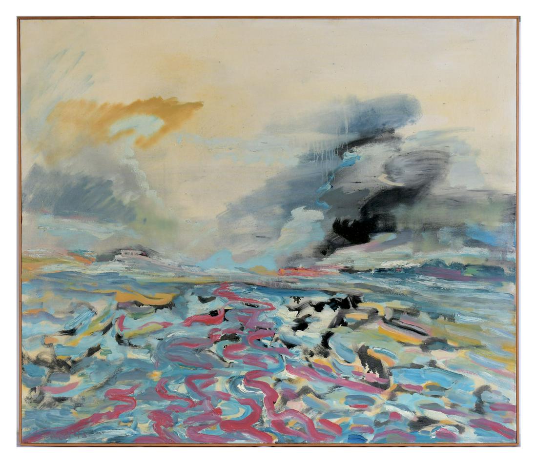 LARGE TIM TROUT PAINTING THE RED TIDE: TROUT, Tim, (American, 20th Century): ''The Red Tide'', Oil/Canvas, 39.25'' x 46.25'', signed lower left, dated '93, signed titled and dated verso, thin edge wood frame, 40.25'' x 46.75''.