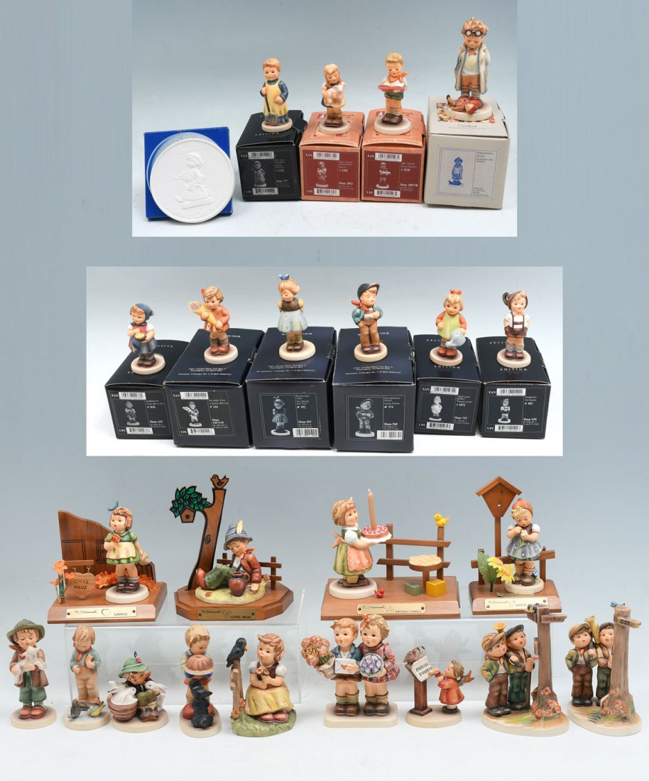 24 PC. COLLECTION OF HUMMELS: 24 PC. COLLECTION OF HUMMELS: Comprising; ''Daisies Don't Tell'', ''Coffee Break'', ''Surprise'', ''Birthday Cake''. All of which reside on wooden stands. Many more included, some of which have origin
