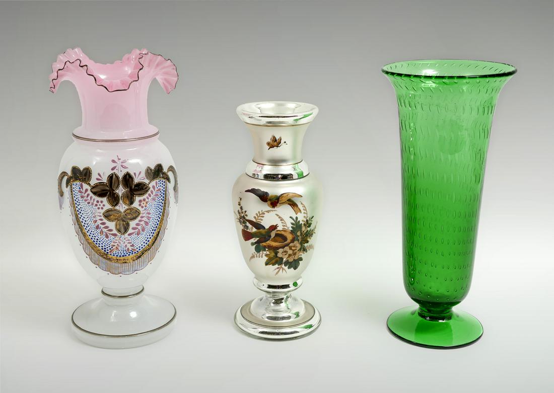 3 PIECE ART GLASS VASE COLLECTION: 3 PIECE ART GLASS VASE COLLECTION: Comprising; 1- Victorian opaline glass vase, having a gilt & enameled foliate design. 1- 19th century Mercury glass vase with a polychrome nesting bird motif. 1- Ita