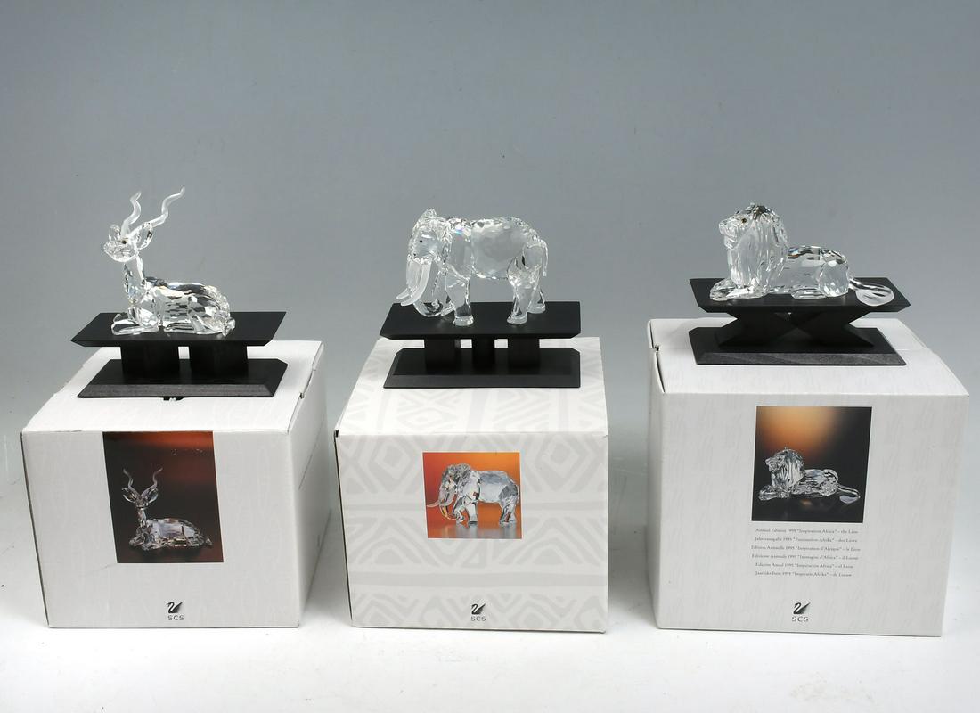 SWAROVSKI INSPIRATION AFRICA - KUDO, LION & ELEPHANT: SWAROVSKI INSPIRATION AFRICA - KUDO, LION & ELEPHANT: 1) 1993 Elephant features a faceted, clear body and frosted tusks; 2) 1994 Kudo with a clear faceted body and frosted antlers; 3) 1995 Lion has cl