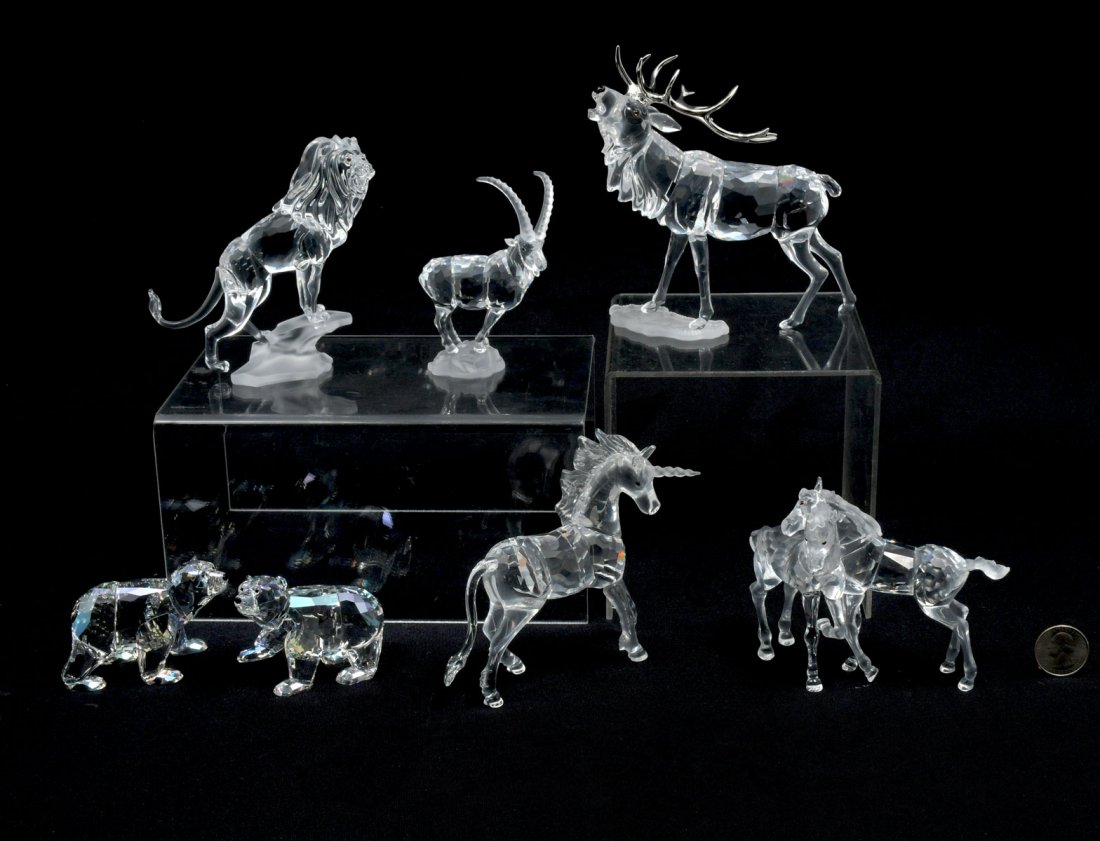 6 SWAROVSKI ANIMAL PIECES: 6 SWAROVSKI ANIMAL PIECES: 1) 2 Horses Playing have clear faceted bodies with matte finish on mane and tails; 2) 2002 Rare Encounters Stag Elk by Adi Stocker; 3) 2011 SCS Polar Bear Cubs in faceted cr