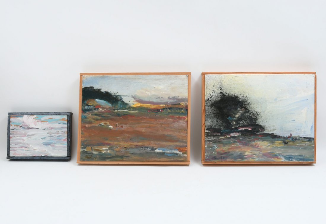 THREE PIECE TIM TROUT PAINTING LOT: TROUT, Tim, (American, 20th Century): 1) Landscape, Oil/Wood, 10'' x 12.25'', signed lower left and dated '92, signed and dated verso, thin edge wood frame, 10.5'' x 13''; 2) Rural Field Landscape, Oi