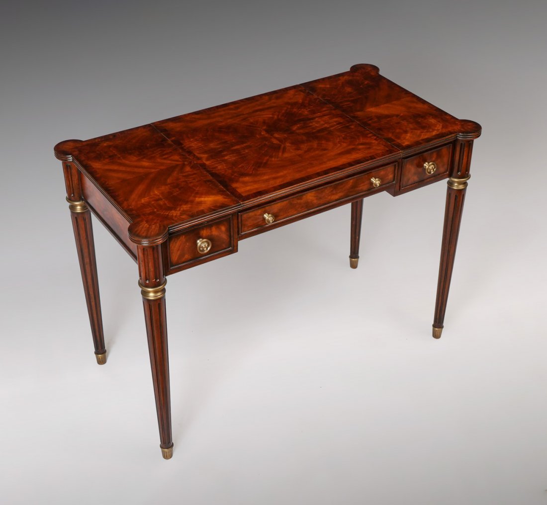 THEODORE ALEXANDER ALTHORP GAME TABLE: THEODORE ALEXANDER ALTHORP GAME TABLE: Top center of table slides to reveal a backgammon board & flips to reveal a chess board. Althorp tag resides in center drawer. Chess & backgammon pieces included