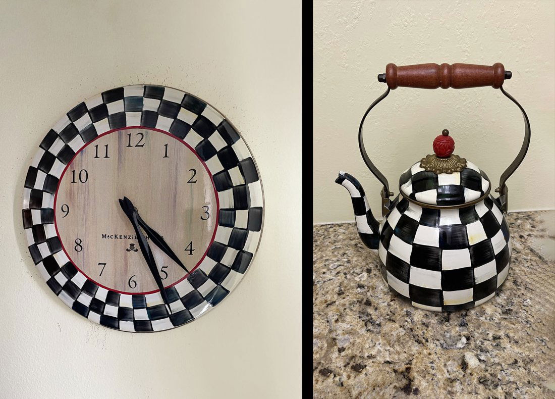 MACKENZIE CHILD CLOCK AND TEAPOT: MACKENZIE CHILD CLOCK AND TEAPOT: Clock, of metal, painted in a checkered pattern. Battery operated. Approx. 12" Dia. Teapot, having an enameled checkered design. Approx. 10.25" h x 8.5" l (at spout)