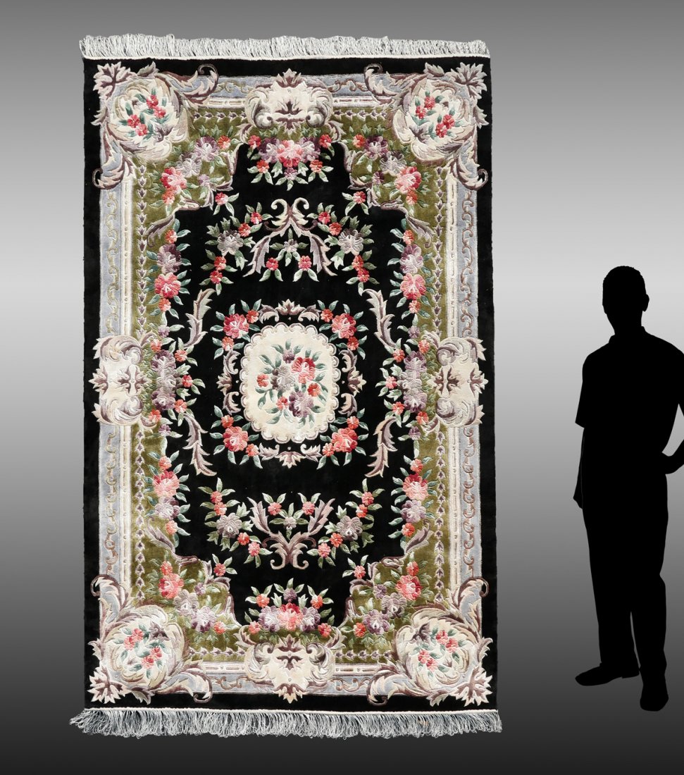 CHINESE AUBUSSON DESIGN HK SILK RUG, 6f X 8ft 10in: CHINESE AUBUSSON DESIGN HAND KNOTTED SILK RUG, 6'X 8'10": A formal French Aubusson floral design with sculpting/carving that adds depth to the motifs.