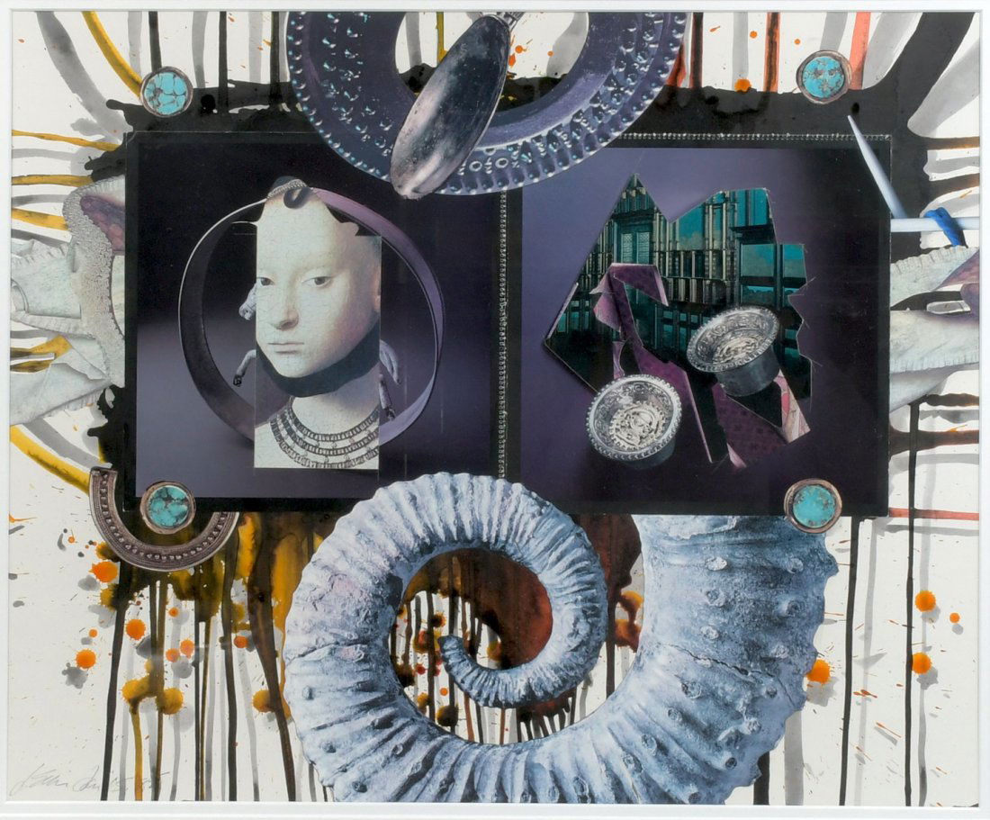 ILLEGIBLY SIGNED SURREAL MIXED MEDIA ARTWORK: ILLEGIBLY SIGNED SURREAL MIXED MEDIA ARTWORK: Sight size 19" x 23.25", Watercolor and Collage, illegibly signed lower left, dated `83?, framed, 31" x 33.5".