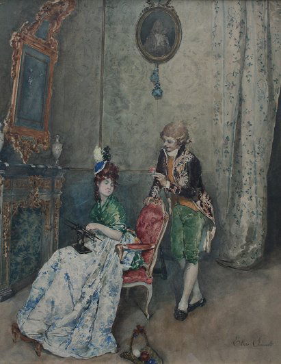 ETTORE SIMONETTI COURTING SCENE PAINTING: SIMONETTI, Ettore, (Italian, 19th C.): "A Love Token", Courting Scene in an Interior, 22'' x 18'', W/C, signed, contemporary frame 25 1/4'' x 21''.