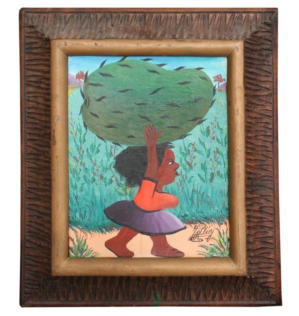 CHERY HAITIAN PAINTING GUANABANA SOUR SOP: CHERY, Jean Rene, (Haitian, 1928-): Girl Carrying Guanabana or Sour Sop, OIL/B, 9 3/4" x 7 1/2", frame 14 1/2" x 12 1/2".