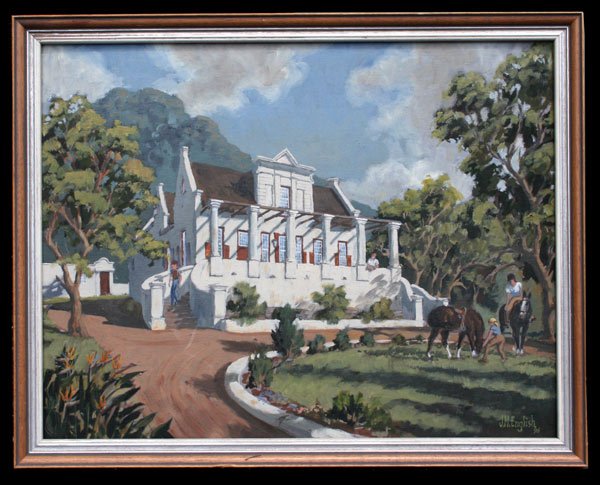 TOKAI MANOR S. AFRICA J.M. ENGLISH PAINTING: ENGLISH, J. M., (S. African, 20th C.): Tokai Manor, South Africa, OIL/CB, 14" x 18", signed/dated '96, framed, 15 1/2" x 19 1/2", label verso.