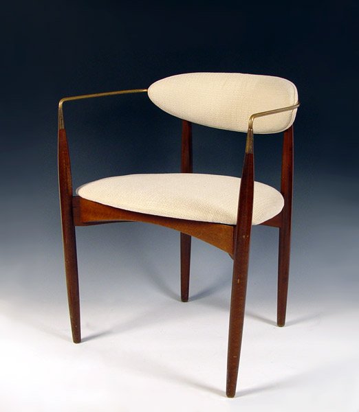 IB KOFOD-LARSEN SELIG ARM CHAIR: IB KOFOD-LARSON BRASS BAND ARM CHAIR: Thin brass rod curves around back and continues to form arms, tapered legs, upholstered seat and back. 28'' x 21'' x 17''.